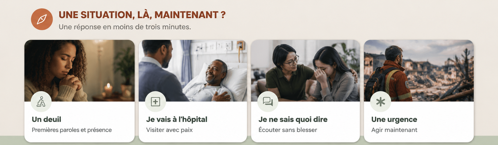 Une situation maintenant : Un deuil, Je vais à l'hôpital, Je ne sais quoi dire, des situations difficiles