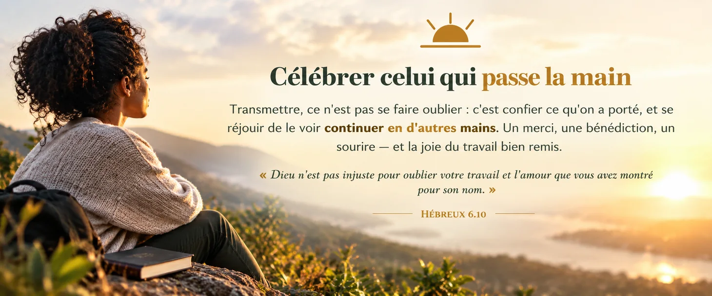 Célébrer celui qui passe la main · transmettre, ce n'est pas se faire oublier ; un merci, une bénédiction, et la joie du travail bien remis. « Dieu n'est pas injuste pour oublier votre travail et l'amour que vous avez montré pour son nom » (Hébreux 6.10).
