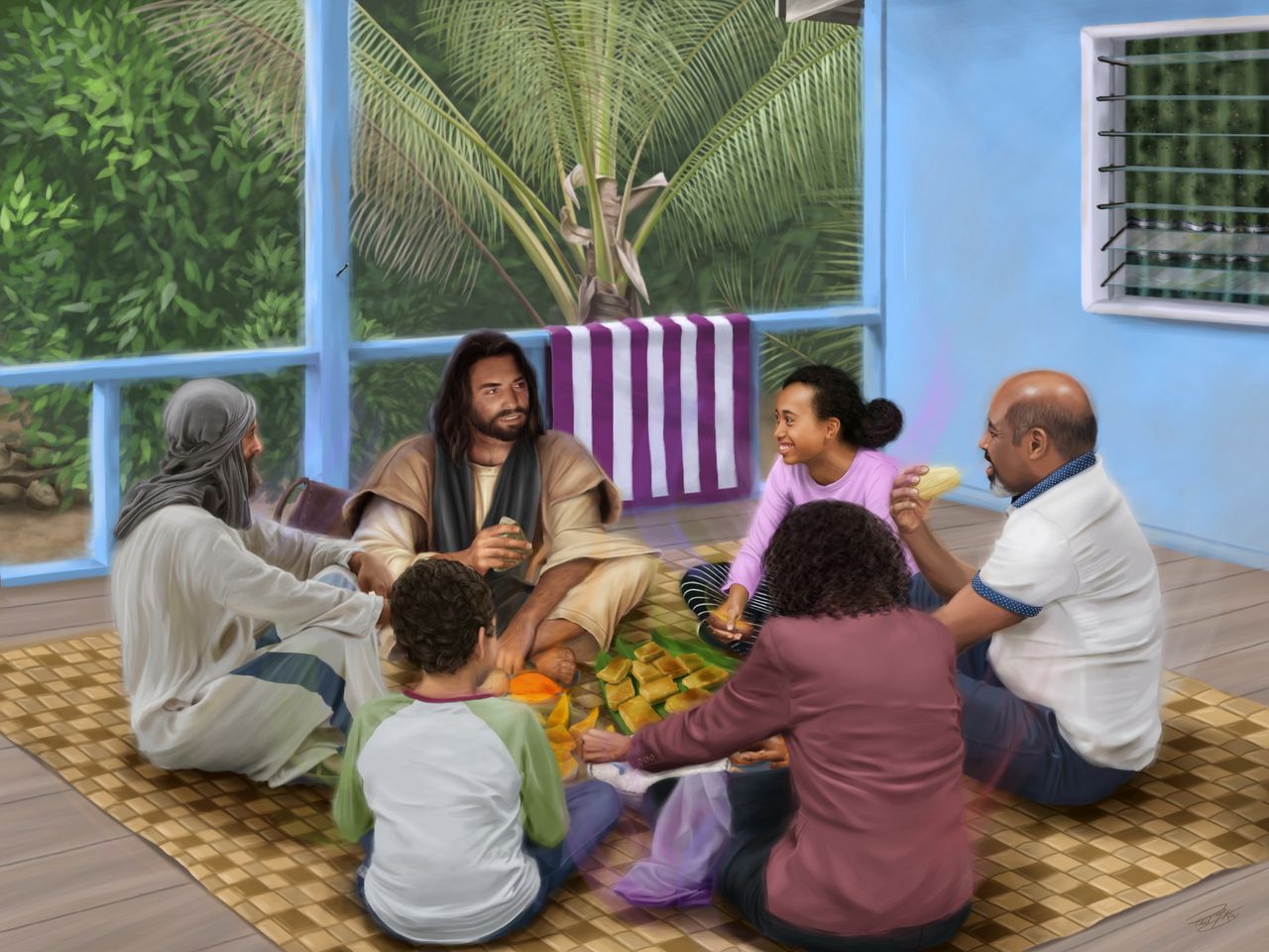Jésus partageant un repas avec des personnes de tous horizons