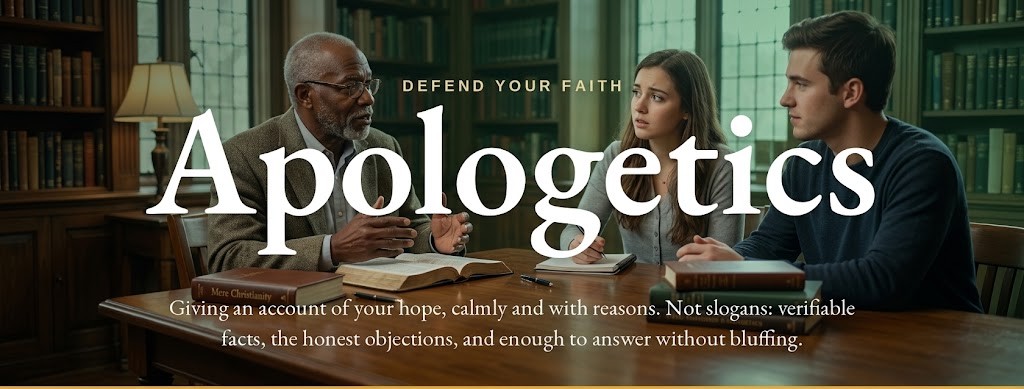 Apologetics · Defend your faith · Giving an account of your hope, calmly and with reasons. Not slogans: verifiable facts, the honest objections, and enough to answer without bluffing.