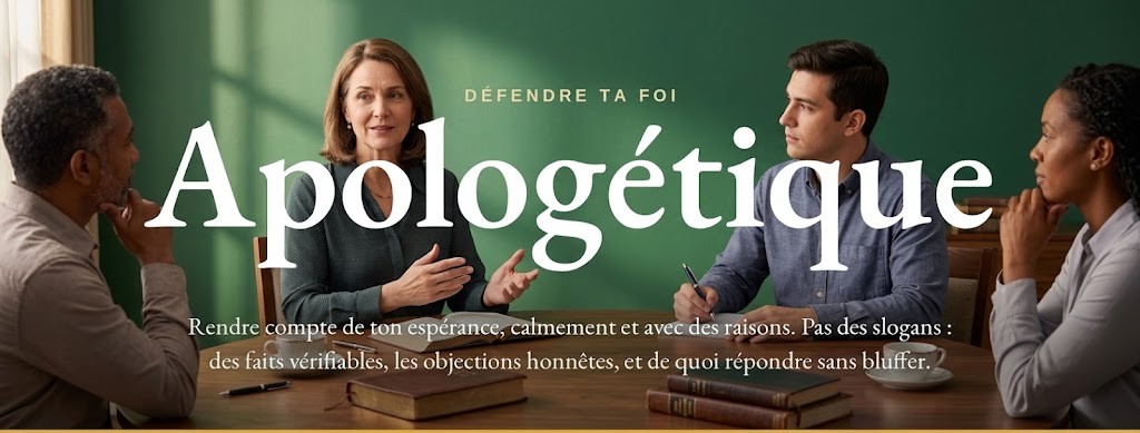 Apologétique · Défendre ta foi · Rendre compte de ton espérance, calmement et avec des raisons. Pas des slogans : des faits vérifiables, les objections honnêtes, et de quoi répondre sans bluffer.