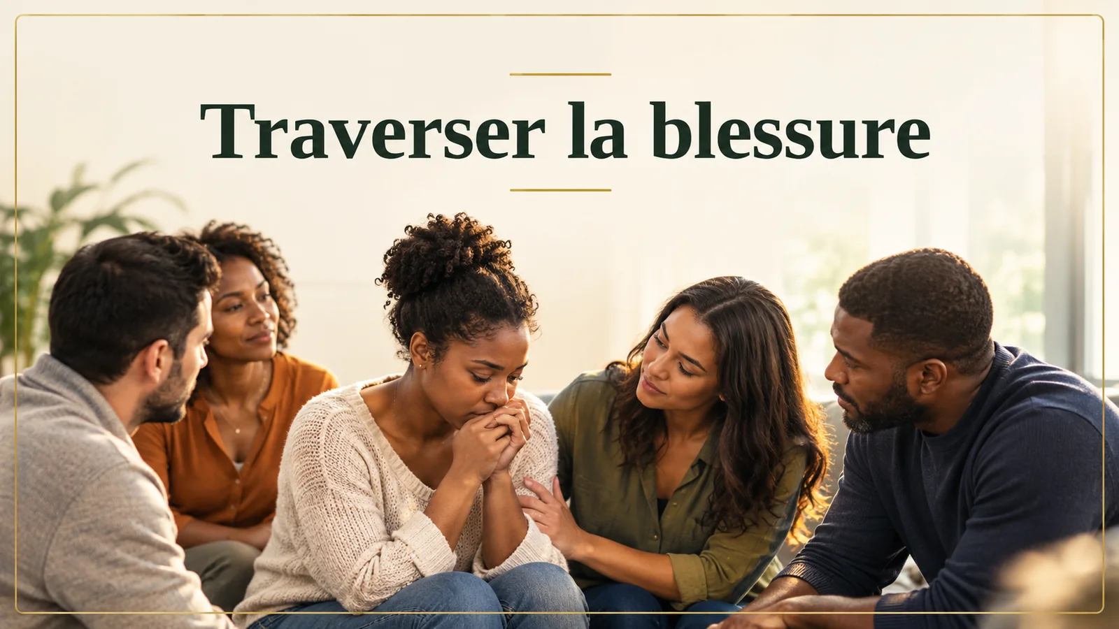 Traverser la blessure · un groupe entoure avec douceur une personne en détresse