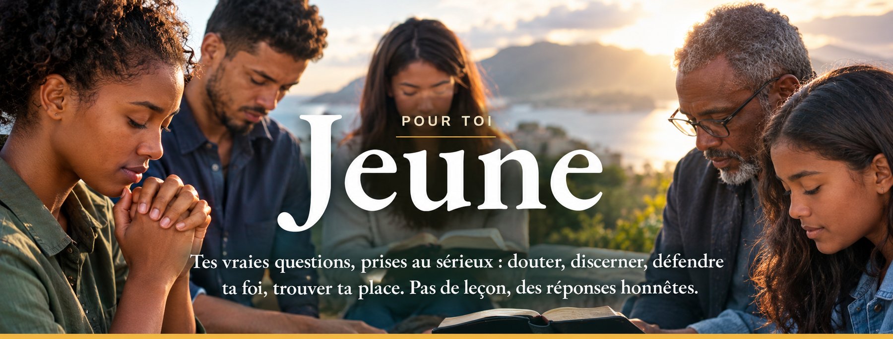 Jeune · Pour toi · Tes vraies questions, prises au sérieux : douter, discerner, défendre ta foi, trouver ta place. Pas de leçon, des réponses honnêtes.